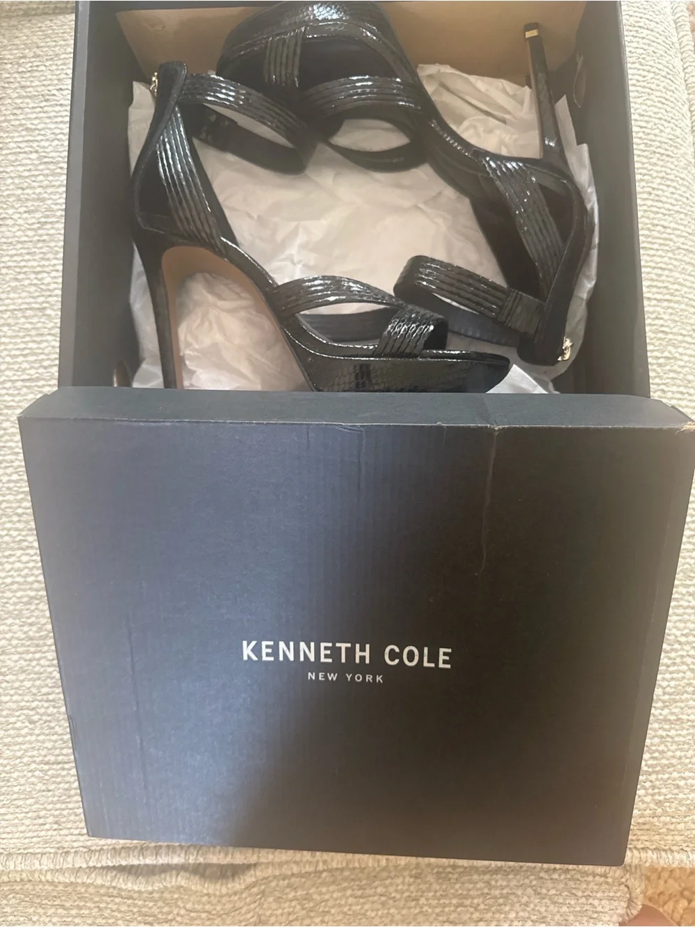 Kenneth Cole Black Snake-Embossed Platform Stiletto Sandals